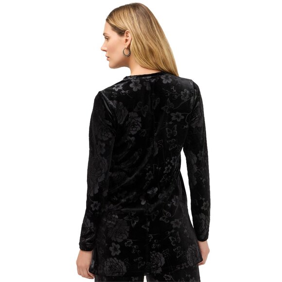 Johnny Was Embossed Stretch Velvet Black Tunic Flowers Long Shirt Floral Top NEW - Picture 3 of 9